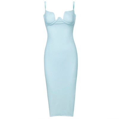 'Aaralyn' light blue sweetheart neck leather knee-length dress